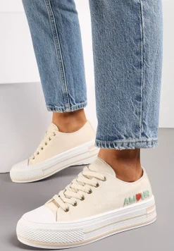 Beżowe Sznurowane Trampki na Grubej Podeszwie z Aplikacją Aniler