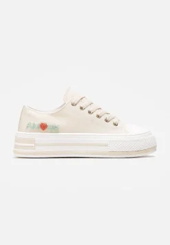 Beżowe Sznurowane Trampki na Grubej Podeszwie z Aplikacją Aniler