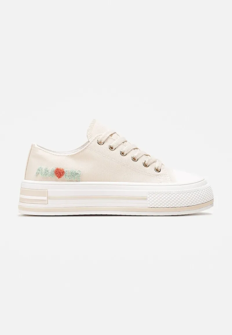 Beżowe Sznurowane Trampki na Grubej Podeszwie z Aplikacją Aniler