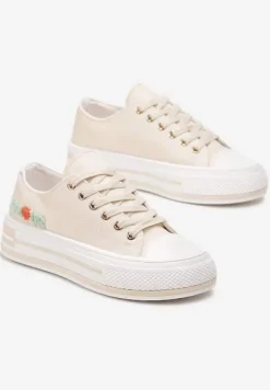 Beżowe Sznurowane Trampki na Grubej Podeszwie z Aplikacją Aniler