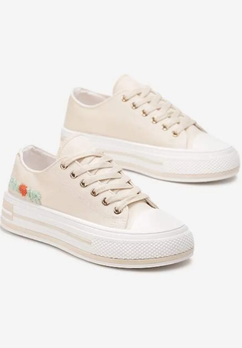 Beżowe Sznurowane Trampki na Grubej Podeszwie z Aplikacją Aniler