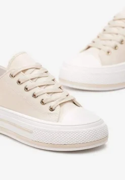 Beżowe Sznurowane Trampki na Grubej Podeszwie z Aplikacją Aniler