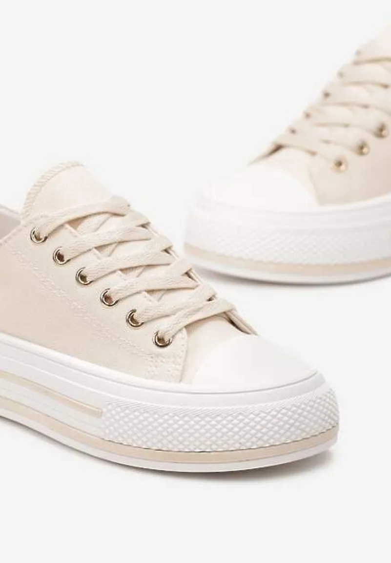 Beżowe Sznurowane Trampki na Grubej Podeszwie z Aplikacją Aniler