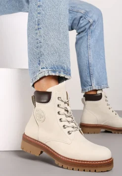 Beżowe Sznurowane Traperki z Nubuku o Klasycznym Fasonie Tirilaine