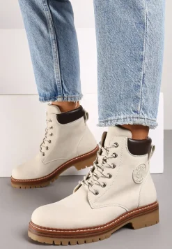 Beżowe Sznurowane Traperki z Nubuku o Klasycznym Fasonie Tirilaine