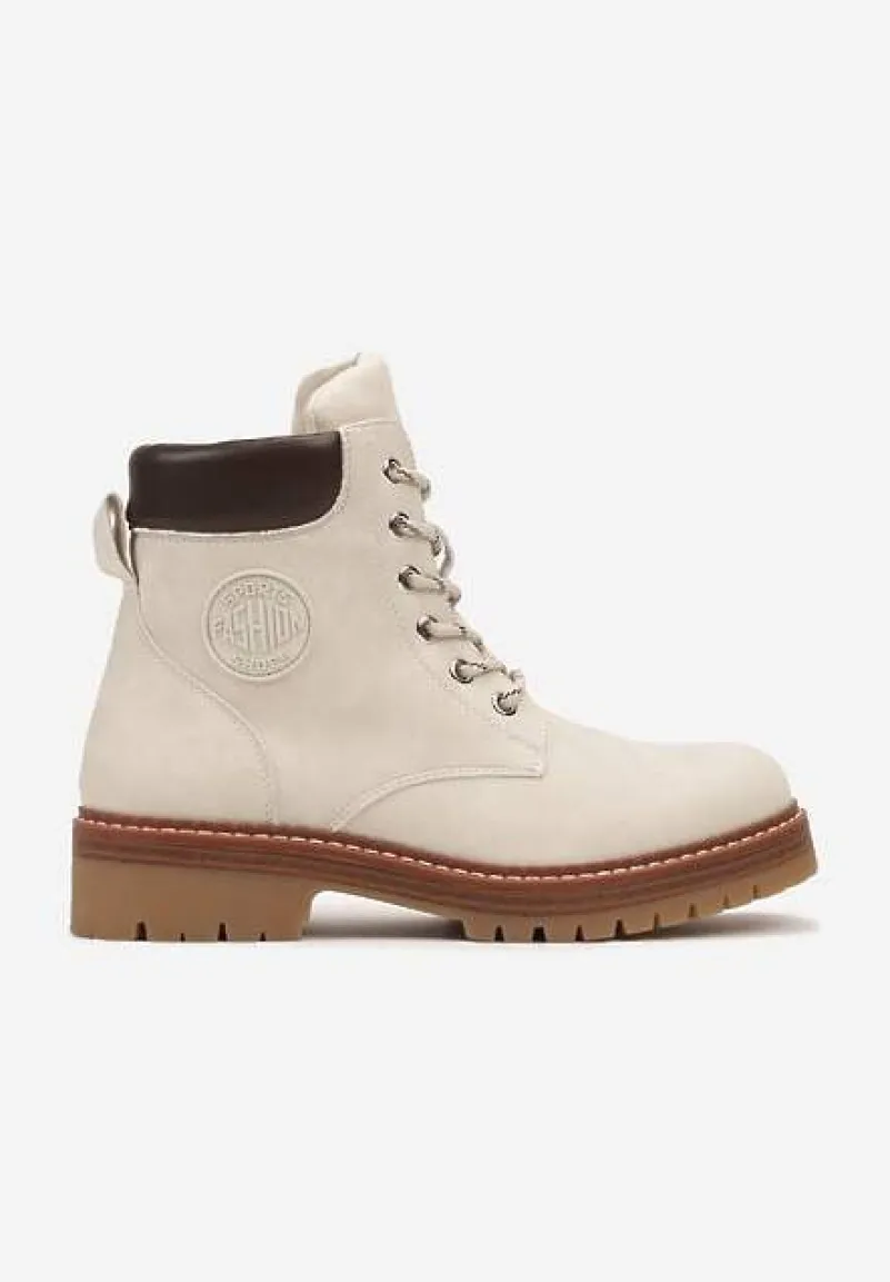 Beżowe Sznurowane Traperki z Nubuku o Klasycznym Fasonie Tirilaine