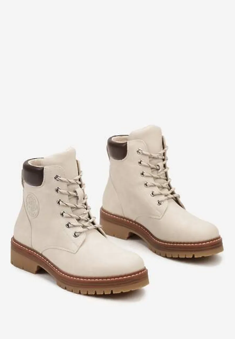 Beżowe Sznurowane Traperki z Nubuku o Klasycznym Fasonie Tirilaine