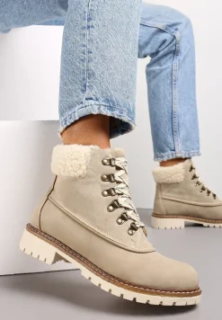 Beżowe Sznurowane Traperki Ocieplone i Ozdobione Futerkiem Typu Baranek Arche