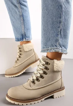 Beżowe Sznurowane Traperki Ocieplone i Ozdobione Futerkiem Typu Baranek Arche