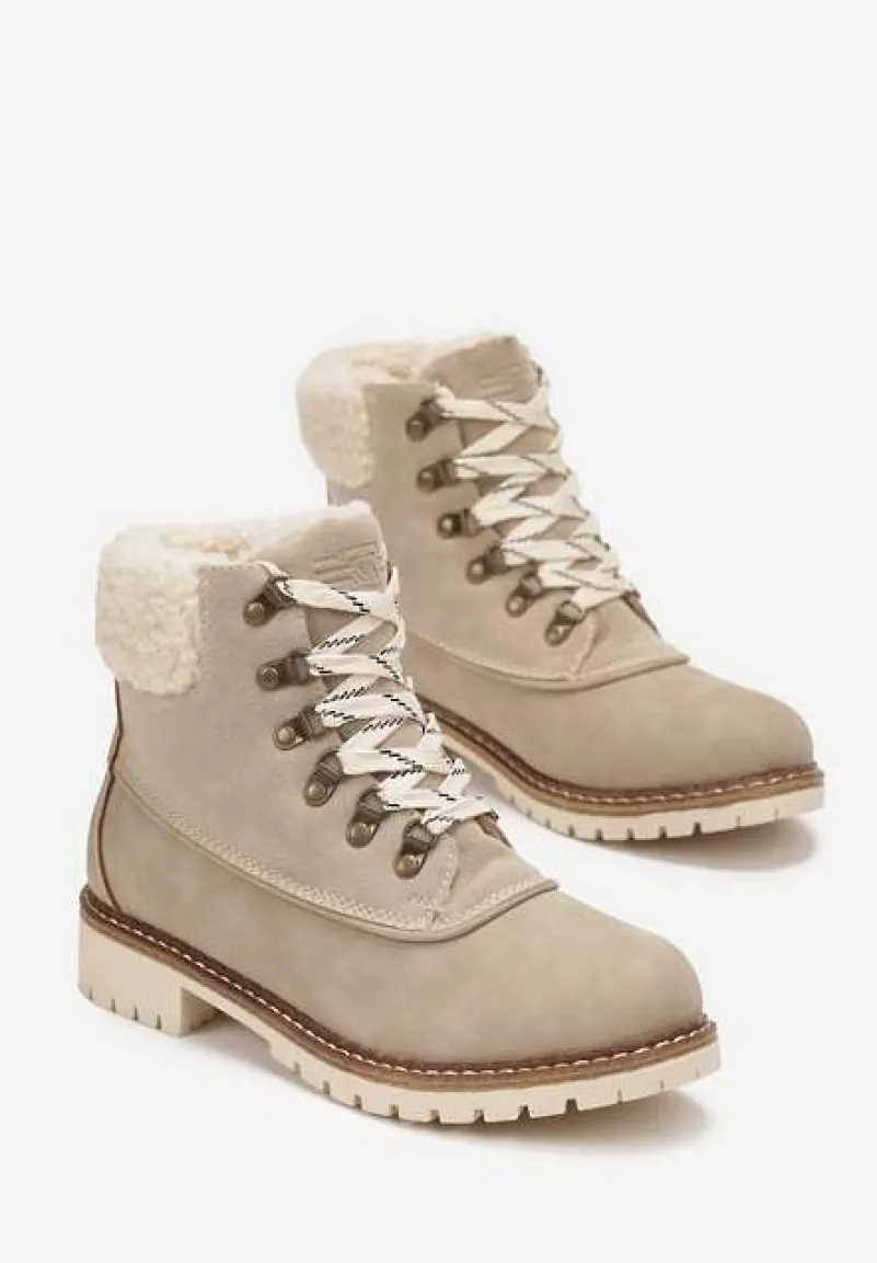 Beżowe Sznurowane Traperki Ocieplone i Ozdobione Futerkiem Typu Baranek Arche