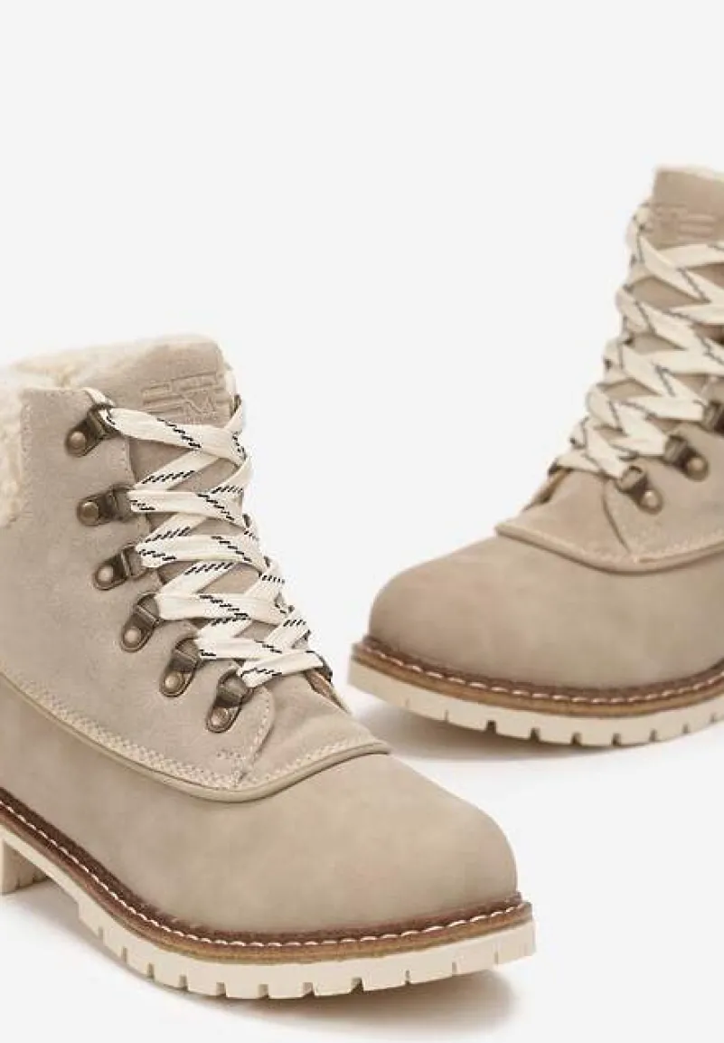 Beżowe Sznurowane Traperki Ocieplone i Ozdobione Futerkiem Typu Baranek Arche