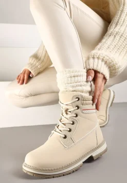 Beżowe Sznurowane Trapery na Płaskiej Podeszwie Ozdobione Tłoczeniem Brenneth