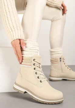 Beżowe Sznurowane Trapery na Płaskiej Podeszwie Ozdobione Tłoczeniem Brenneth