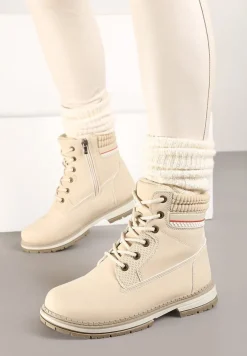 Beżowe Sznurowane Trapery na Płaskiej Podeszwie Ozdobione Tłoczeniem Brenneth