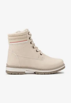 Beżowe Sznurowane Trapery na Płaskiej Podeszwie Ozdobione Tłoczeniem Brenneth