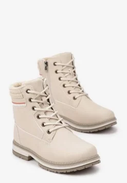 Beżowe Sznurowane Trapery na Płaskiej Podeszwie Ozdobione Tłoczeniem Brenneth