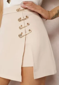 Beżowe Szorty Spódnicospodnie z Agrafkami Fintta