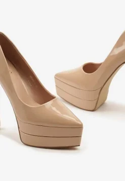 Beżowe Szpilki Lakierowane z Platformą i Szpiczastym Noskiem Viriona
