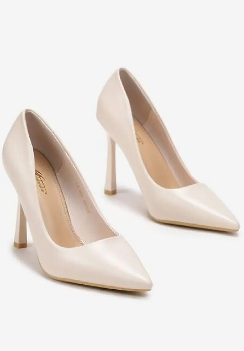 Beżowe Szpilki na Geometrycznym Obcasie i Nosek w Szpic Versara