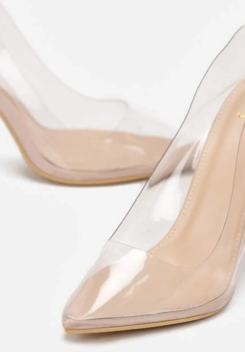 Beżowe Szpilki na Metalicznym Obcasie z Transparentną Cholewką Rhatah