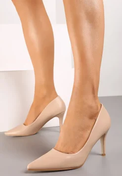 Beżowe Szpilki na Obcasie z Noskiem w Szpic Egelia