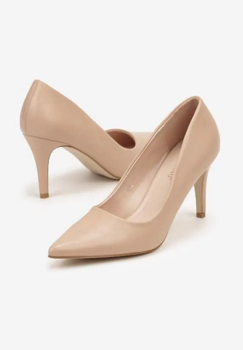Beżowe Szpilki na Obcasie z Noskiem w Szpic Egelia