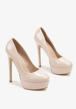 Beżowe Szpilki na Platformie Lakierowane Welioha