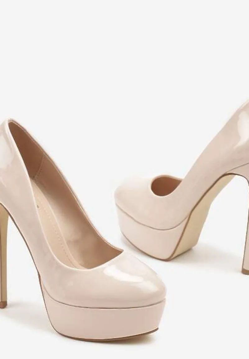 Beżowe Szpilki na Platformie Lakierowane Welioha
