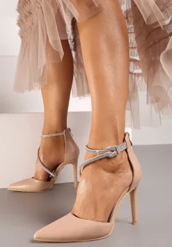 Beżowe Szpilki Ozdobione Paskiem z Cyrkonii i Suwakiem Quenevia