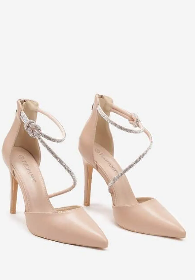 Beżowe Szpilki Ozdobione Paskiem z Cyrkonii i Suwakiem Quenevia