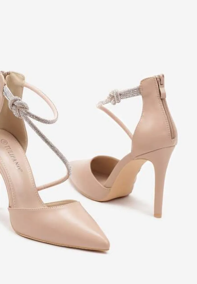 Beżowe Szpilki Ozdobione Paskiem z Cyrkonii i Suwakiem Quenevia