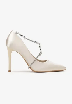 Beżowe Szpilki Satynowe z Noskiem w Szpic Bravo