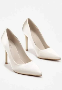 Beżowe Szpilki Satynowe z Noskiem w Szpic Bravo