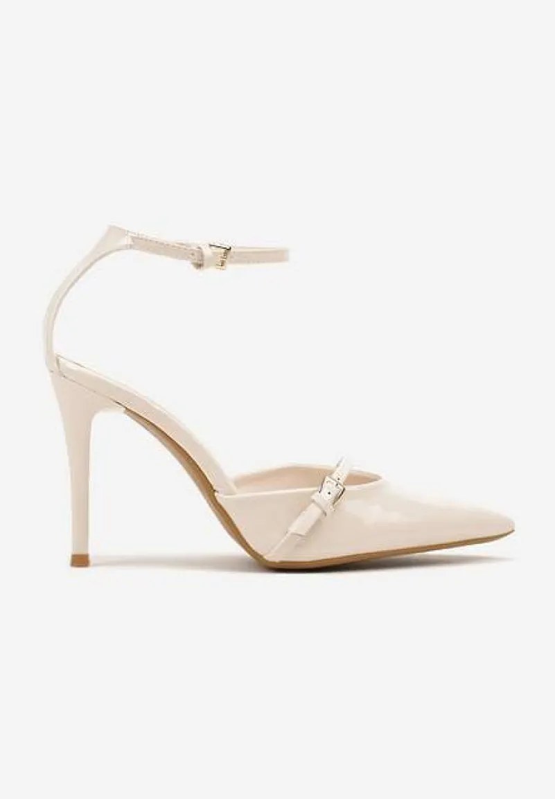 Beżowe Szpilki Vices z Lakierowanym Połyskiem i Ozdobną Sprzączką Tilonea