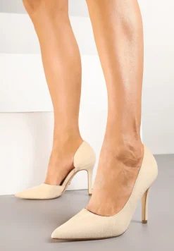 Beżowe Szpilki Vices z Wkładką ze Skóry Naturalnej Ozdobione Wycięciem Oliritia