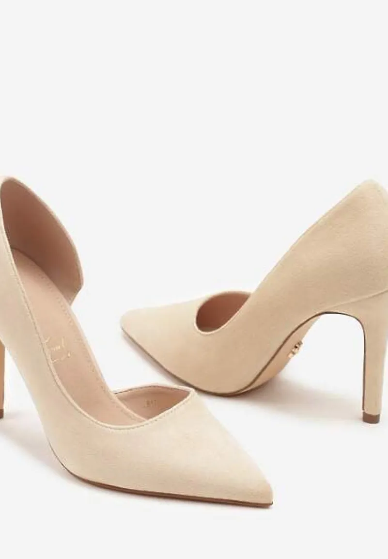 Beżowe Szpilki Vices z Wkładką ze Skóry Naturalnej Ozdobione Wycięciem Oliritia