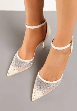 Beżowe Szpilki Vices z Wkładką ze Skóry Naturalnej Ozdobione Cyrkoniami Lizzoa