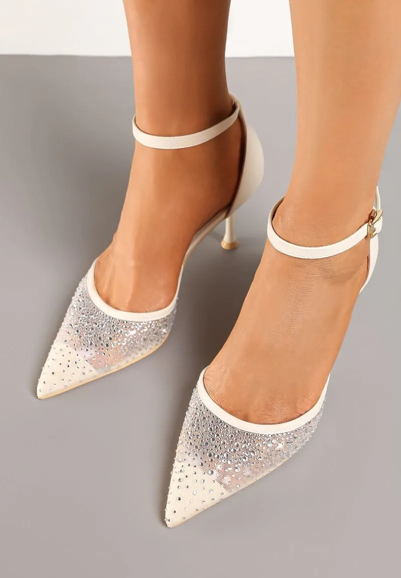 Beżowe Szpilki Vices z Wkładką ze Skóry Naturalnej Ozdobione Cyrkoniami Lizzoa