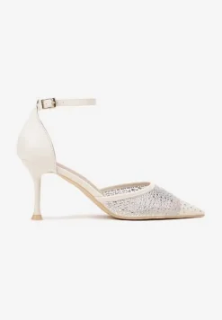 Beżowe Szpilki Vices z Wkładką ze Skóry Naturalnej Ozdobione Cyrkoniami Lizzoa