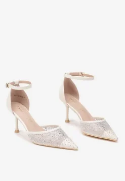 Beżowe Szpilki Vices z Wkładką ze Skóry Naturalnej Ozdobione Cyrkoniami Lizzoa