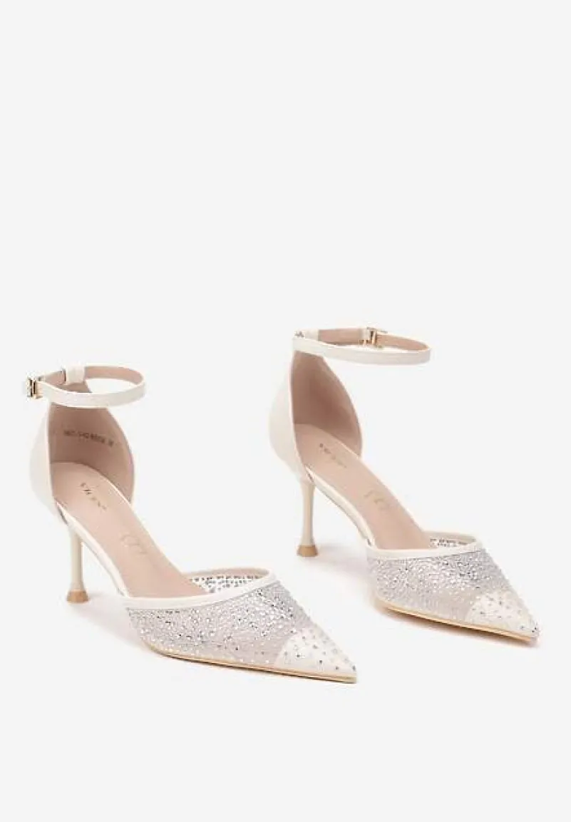 Beżowe Szpilki Vices z Wkładką ze Skóry Naturalnej Ozdobione Cyrkoniami Lizzoa