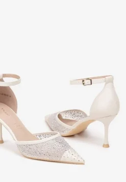 Beżowe Szpilki Vices z Wkładką ze Skóry Naturalnej Ozdobione Cyrkoniami Lizzoa