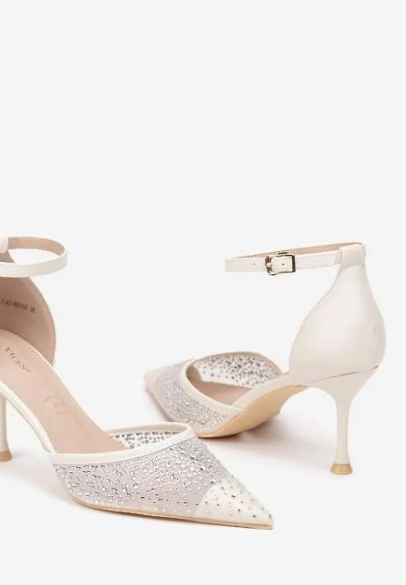 Beżowe Szpilki Vices z Wkładką ze Skóry Naturalnej Ozdobione Cyrkoniami Lizzoa