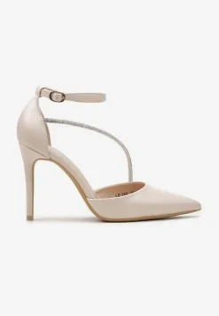 Beżowe Szpilki z Cyrkoniami na Pasku i Zapięciem przy Kostce Zefiria