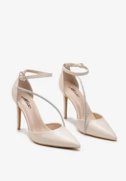 Beżowe Szpilki z Cyrkoniami na Pasku i Zapięciem przy Kostce Zefiria