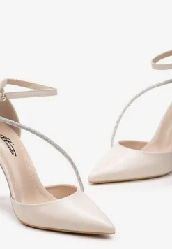 Beżowe Szpilki z Cyrkoniami na Pasku i Zapięciem przy Kostce Zefiria