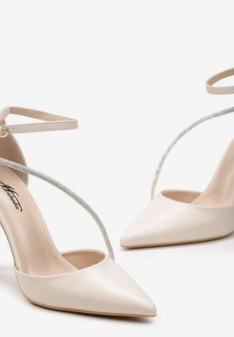 Beżowe Szpilki z Cyrkoniami na Pasku i Zapięciem przy Kostce Zefiria