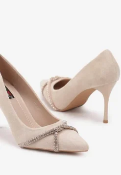 Beżowe Szpilki z Ekozamszu z Cyrkoniowymi Paseczkami Merithrae