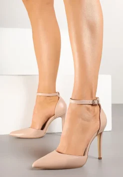 Beżowe Szpilki z Noskiem w Szpic i Paskiem przy Kostce Elarimea