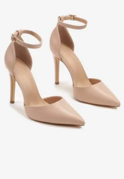 Beżowe Szpilki z Noskiem w Szpic i Paskiem przy Kostce Elarimea